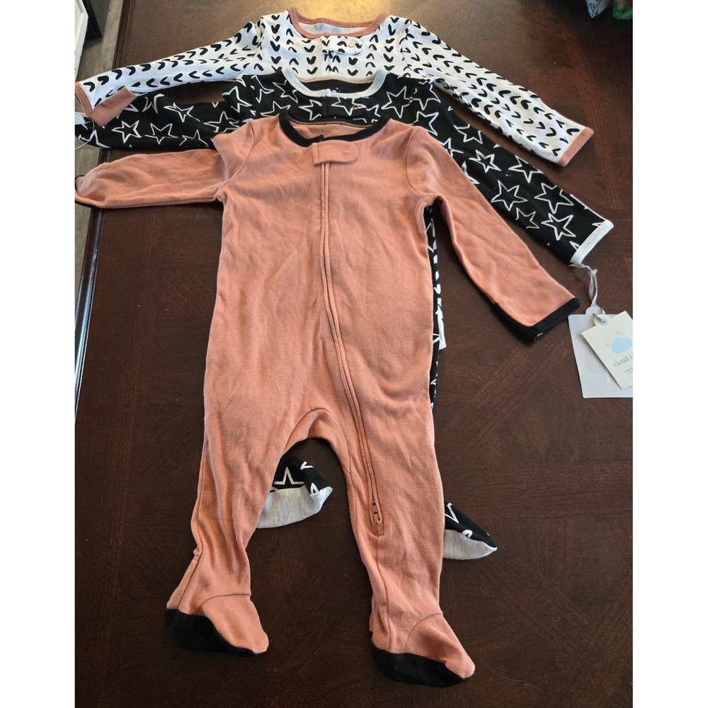 Cloud Island 3 Pack Baby Sleep and Play Stars Hearts Peach Black 3-6M NEW
